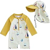 Summffie Toddler Baby Boy Rash Guard Swimsuit Long Sleeve Zipper One Piece Bathing Suit with Hat Infant Beach Swimwear