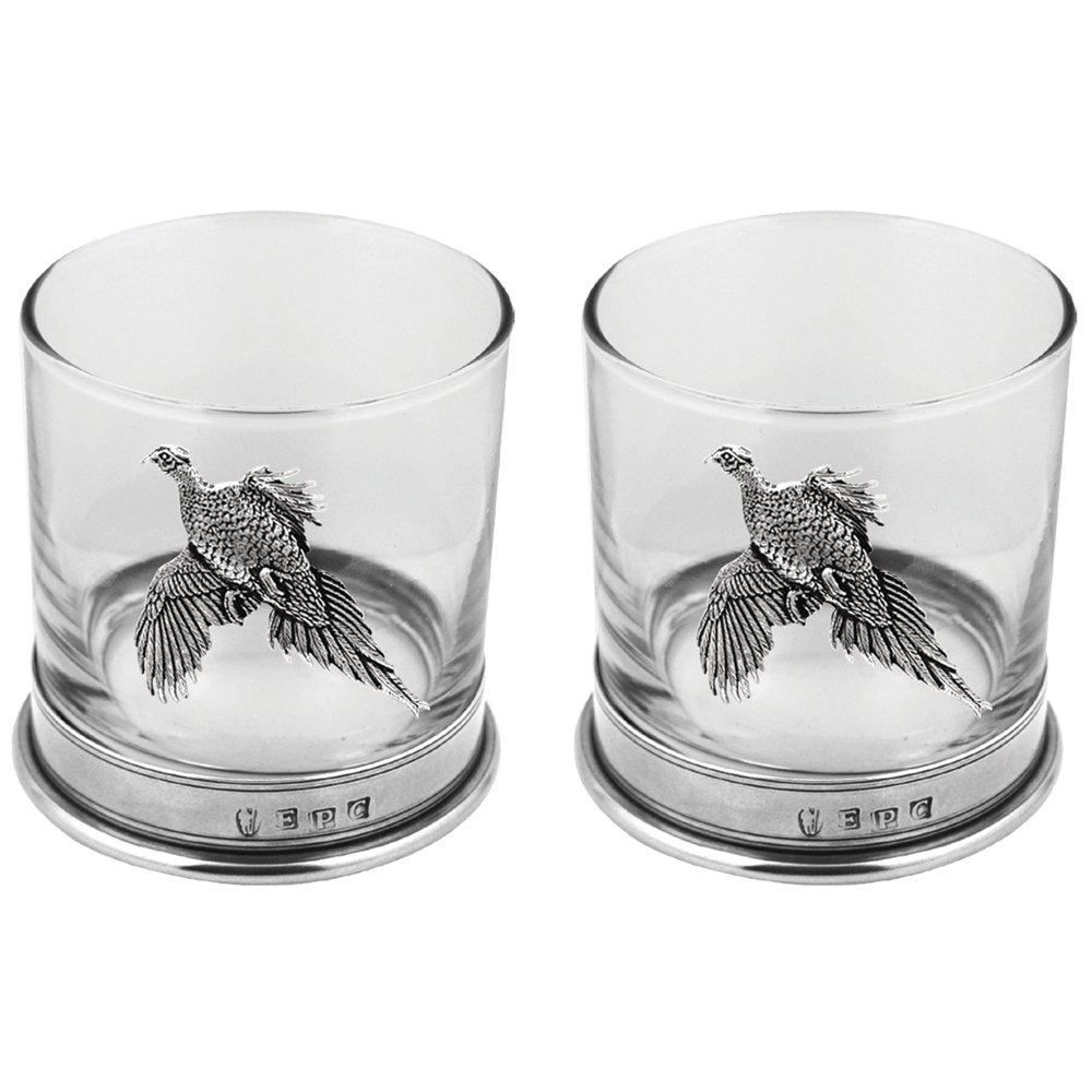 English Pewter Company Whisky Tumbler Glass Set with Pewter Base and Pheasant Emblem [PHS105]