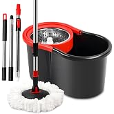 Spin Mop and Bucket with Wringer Set,360&deg; Mop and Bucket System with One Microfiber Mop Refills and 50" Extended Handle for Floor Cleaning (Black)