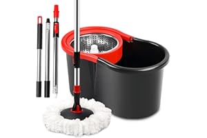 DAMGOLOZA Spin Mop and Bucket with Wringer Set,360° Mop and Bucket System with One Microfiber Mop Refills and 50" Extended Handle for Floor Cleaning (Black)