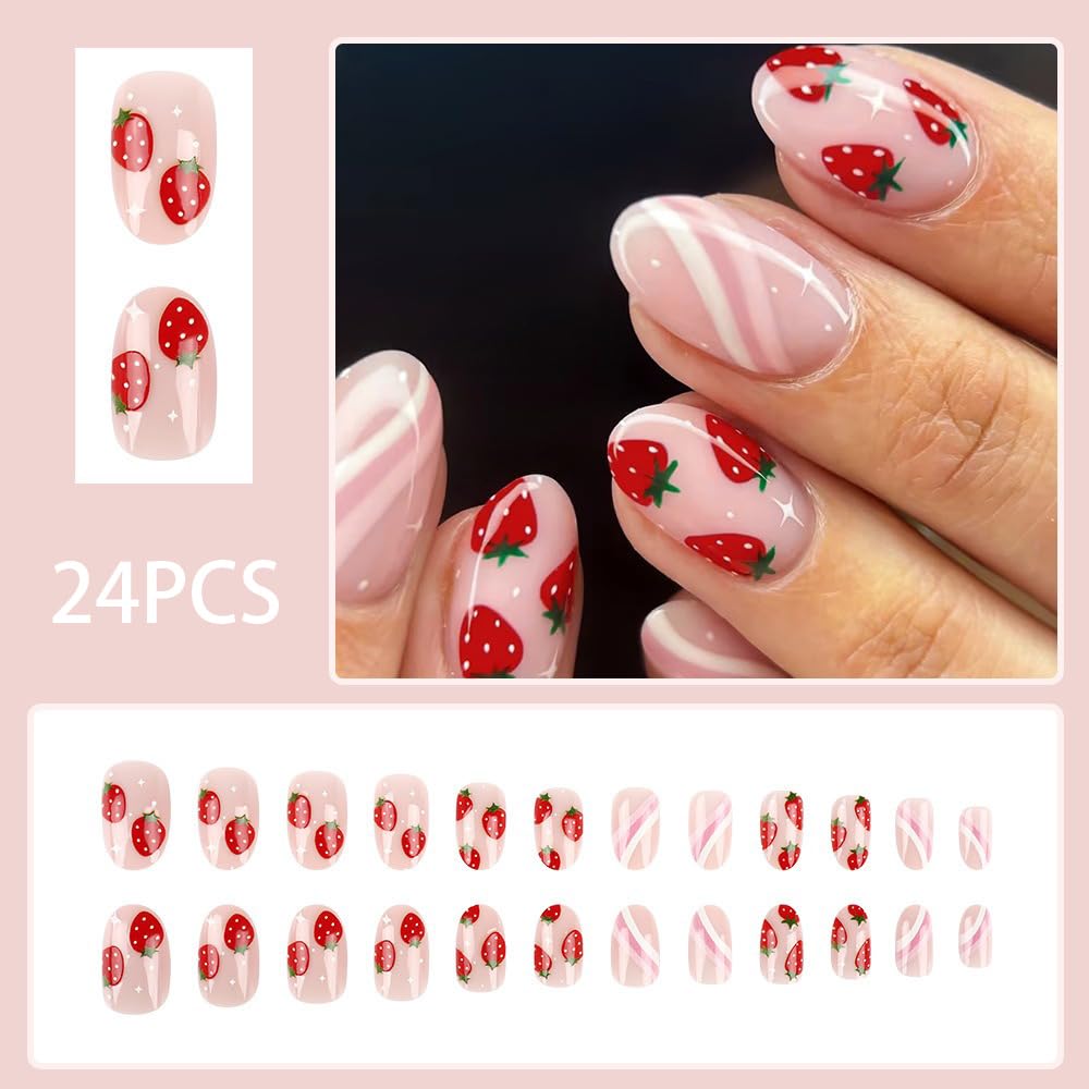 Cute Pink Press on Nails Short Oval Acrylic Fake Nails Sweet Strawberry False Nails with Stripes Design Glossy Artificial Glue on Nails Full Cover Stick on Nails for Women and Girls 24 Pcs - Image 2