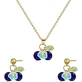 Aurethys Blueberry Earrings Necklace Set for Women 3D Funny Realistic Fruit Jewelry Set Cute Blueberry Accessories with Flower Leaf Charm Sweet Lightweight Jewelry Gifts