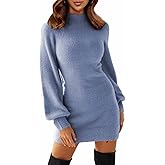 EXLURA Women's 2026 Mock Neck Ribbed Long Sleeve Bodycon Pullover Cute Mini Sweater Dress Vacation Outfits Winter Clothes
