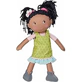 HABA Cari 12" Black Baby Doll with Black Pigtails, Embroidered Face, Removable Green Dress, Machine Washable Soft Baby Doll - 18 Months+