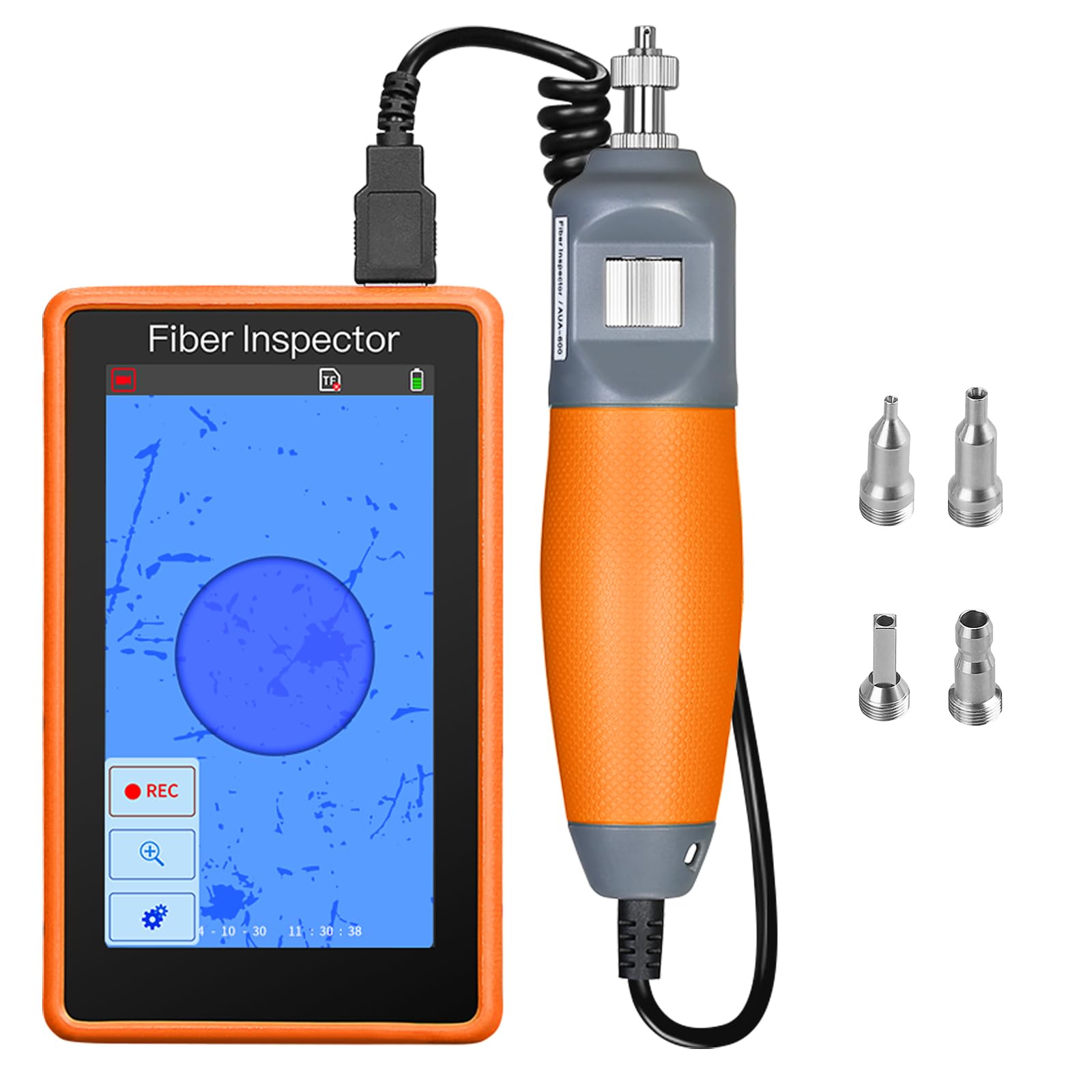 Photo 1 of Orange A-600 Handheld 400x Fiber Optic end face Detector Magnifier Fiber Optic Microscope 5-inch high-Definition Touch Screen for SC/FC/ST/LC UPC Male/Female Head Interface Fiber Inspector (A-600U)