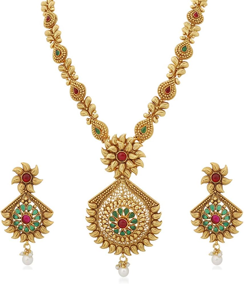 APARATraditional Long Necklace Set with Pearl Drop and Colourful Stones for Women