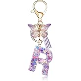 Fmeida Initial Letter Keychains for Women Cute Purple Keychain with Tassel& Butterfly