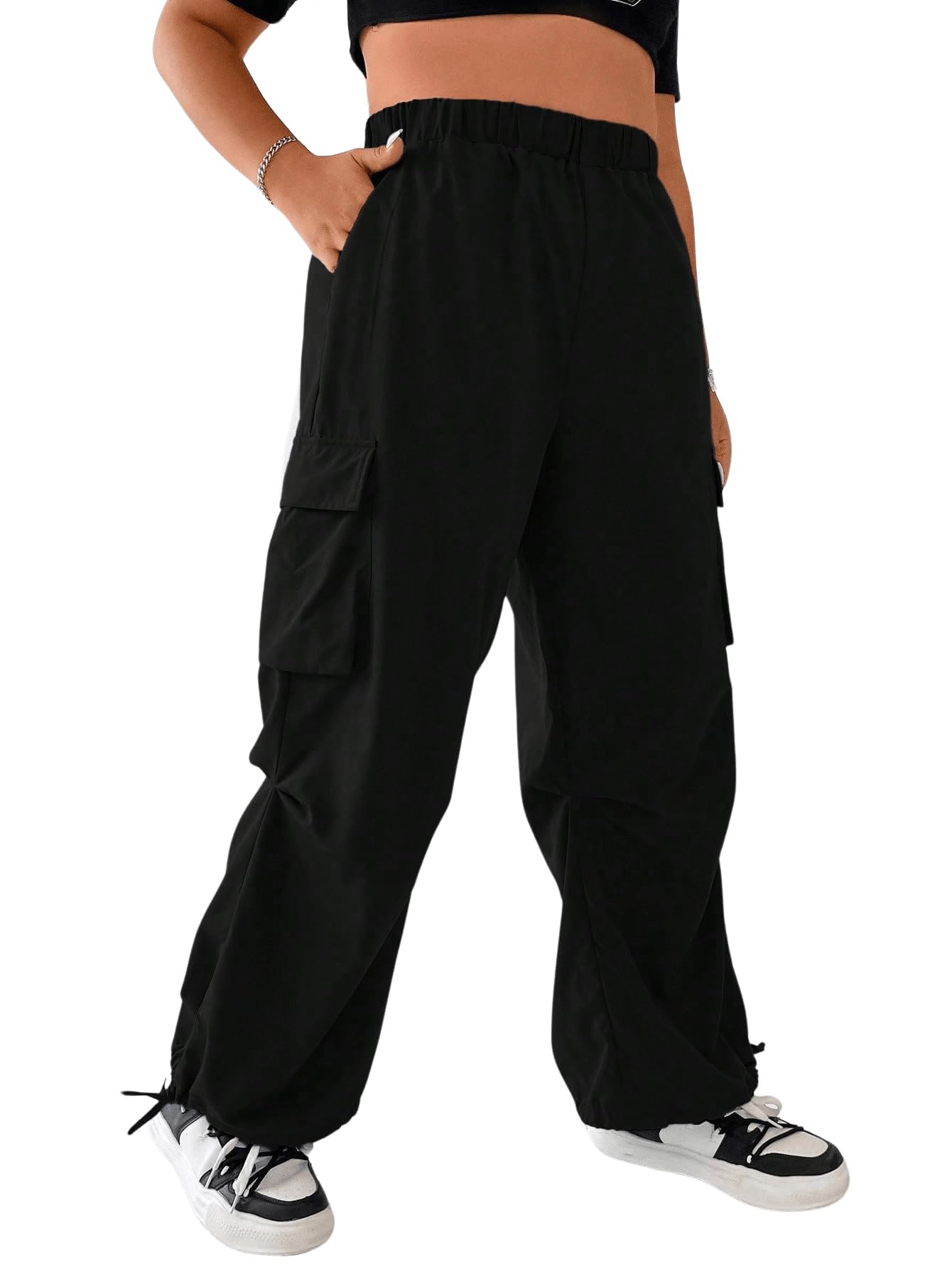 Photo 1 of OYOANGLE Women's Plus Size Elastic High Waist Flap Pocket Cargo Pants Streetwear Loose Baggy Trousers with Pocket Black 3XL