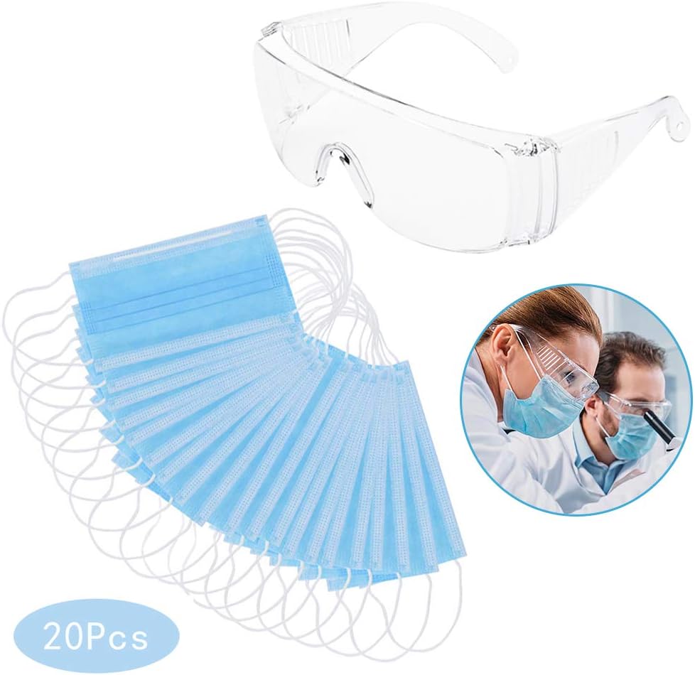 20 pcs Disposable Masks Sanitary Surgical Face Masks & PPE Eyewear Protection Goggles Dust-proof, Anti-Neeze, Scratch-Resistant, Safety Glasses Personal Protective Equipment