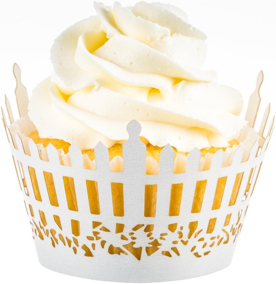Picket Fence Cupcake Wrappers x 50pcs in shimmering ivory white. 22 different wraps to make your wedding or birthday occasion special.
