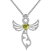JiaYangJY Little Guardian Angel Necklace 925 Sterling Silver with Heart Birthstone Angel Wing Pendant Unique Gifts for Her
