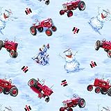 FARMALL SNOWMAN AND TRACTORS ALLOVER COTTON FABRIC-INTERNATIONAL HARVESTER FARMALL TRACTOR COTTON FABRIC SOLD BY THE YARD