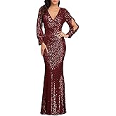 A ARFAR Women Sequin Evening Dress Long Sleeve Dress Sexy V-Neck Dress Formal Party Dress Split Sleeve