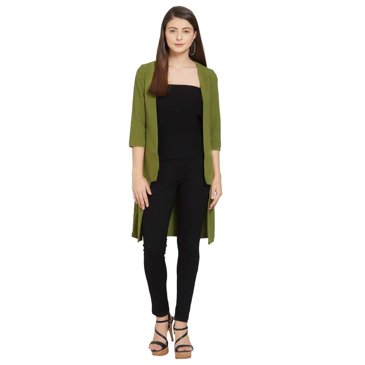 smarty pants women's olive green poly cotton long jacket (smsh_79a)