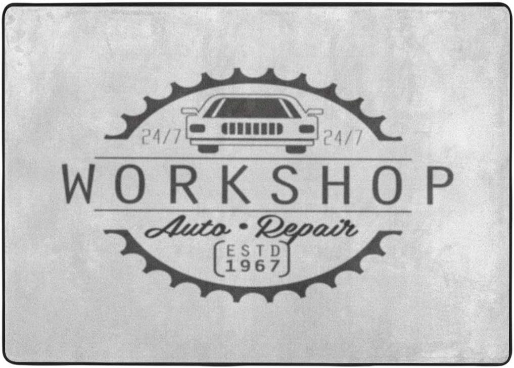 Raditional Bright Colorful Area Rug, Carpet 8460 in-Established Auto Repair Workshop Black White Label Establishment Date Blackwhite