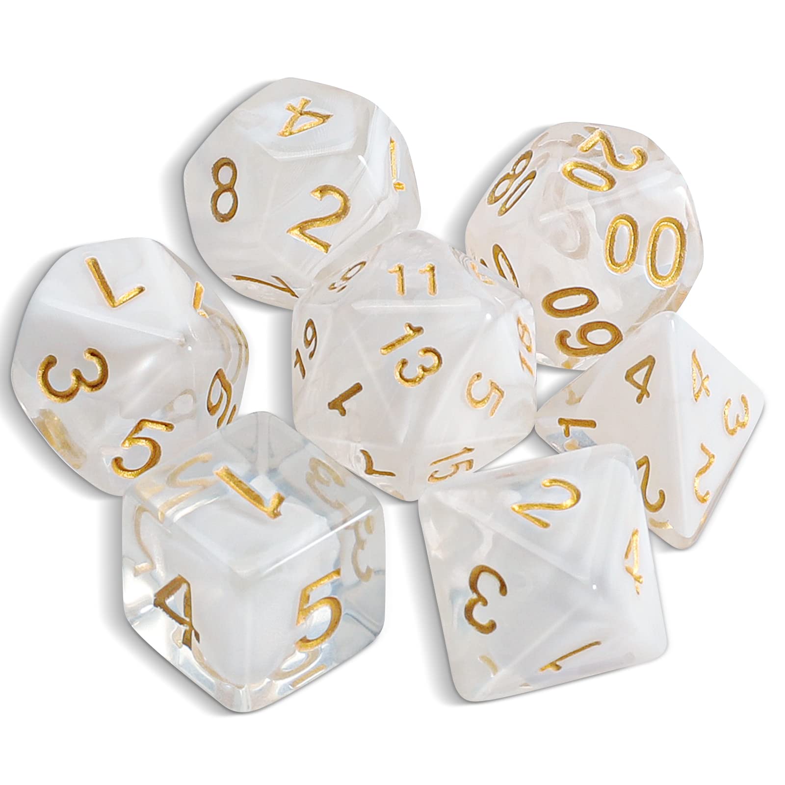 QMAY DND Dice Polyhedral Dice Set - 7 Pieces for Dungeon and Dragons MTG RPG D&D D20, D12, D10, D%, D8, D6, D4 (White Translucent) — image 1
