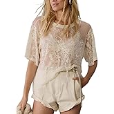 Arssm Womens Lace Mesh Top Short Sleeve Floral Embroidered Sheer Blouse Sexy See Through Lace Layering Shirts(Apricot-S)