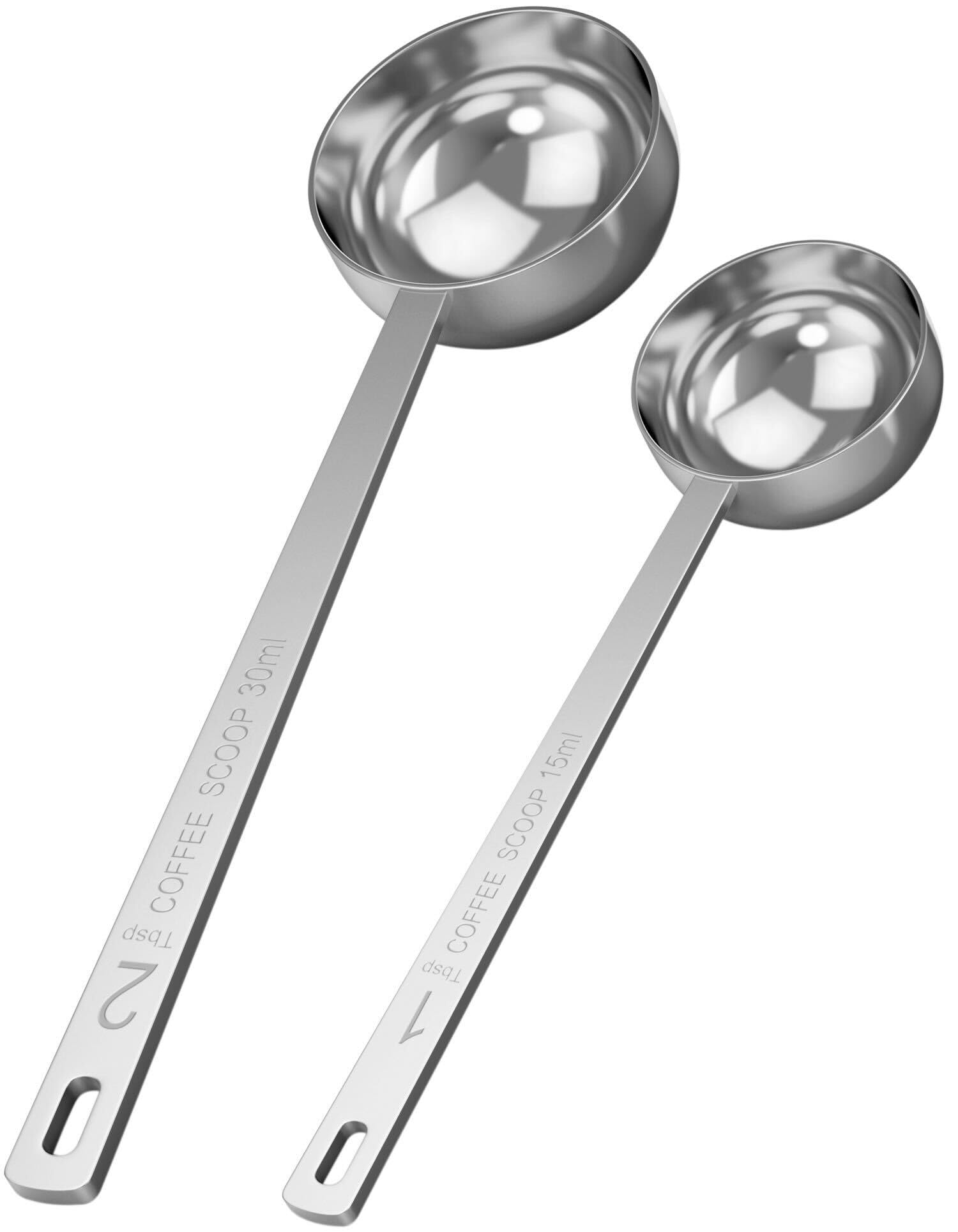 ORBLUE Stainless Steel Coffee Scoop Set 2 Pack – 1 Tbsp (15 ml) & 2 Tbsp (30 ml) Coffee Measuring Spoons with Long Handle, Dishwasher Safe Gift for Coffee Lovers