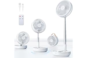 Primelove Portable Oscillating Travel Fan, 10400mAh Battery Operated Rechargeable USB Floor Table Desk Fan with Remote, 4 Speed Settings Pedestal Fan for Home Bedroom Office Camping, White,8"