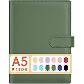 Sooez A5 Notebook Binder, 6 Ring Planner with Stylish Design, Loose Leaf Personal Organizer Cover with Magnetic Buckle Closure, PU Leather Binder for Women with Soft Colors (Olive Green)