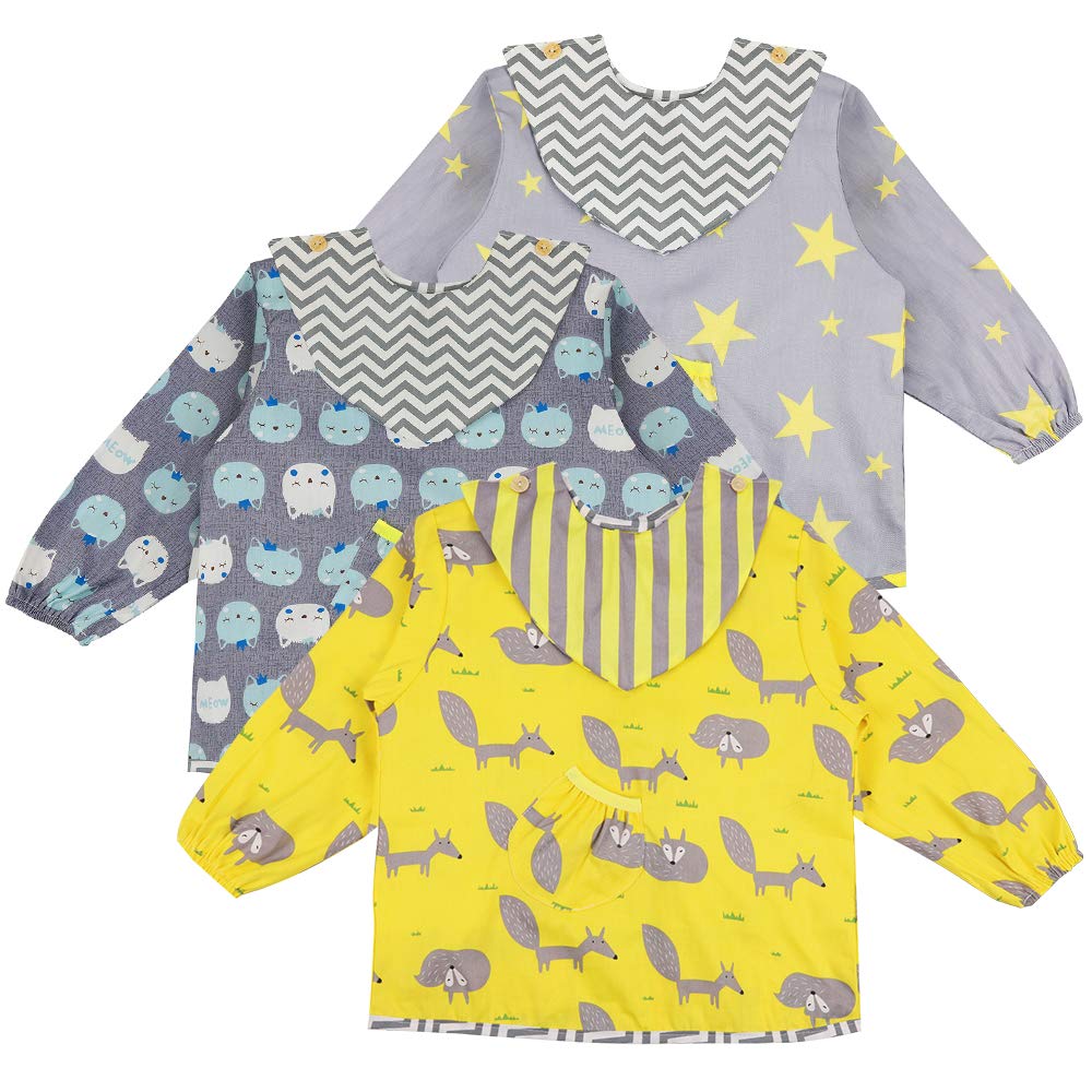 Lictin Bavoir Bebe Coton Manche Longue Etanche Tablier Peinture Enfant Coton 3pcs Blouse Amovible Peinture Enfant Coton Repas Ecole Maternelle Impermeable 0 2ans Le Repas De Bebe Bavoirs