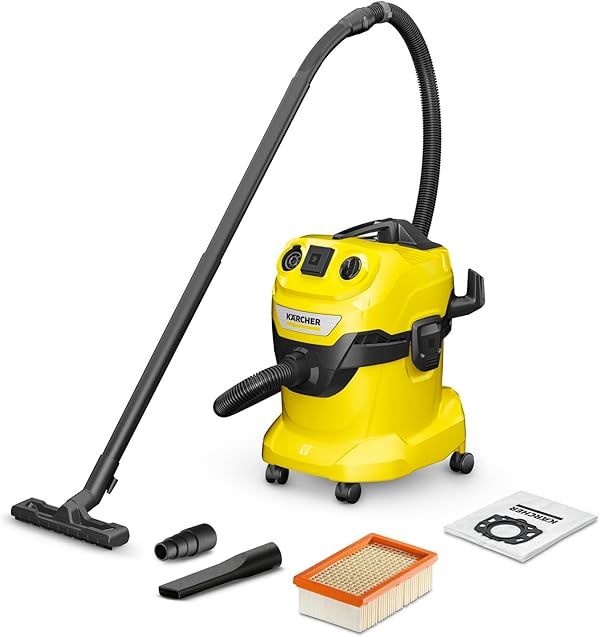 Karcher WD 4 P V-20/5/22 Nass-& Trockensauger, Kunststoffbehälter, Gelb 5 m Kabel, 2,2 m Saugschlauch, mit Gerätesteckdose, Clips-Bodendüse, „Pull & Push“-Verschlusssystem, Gelb