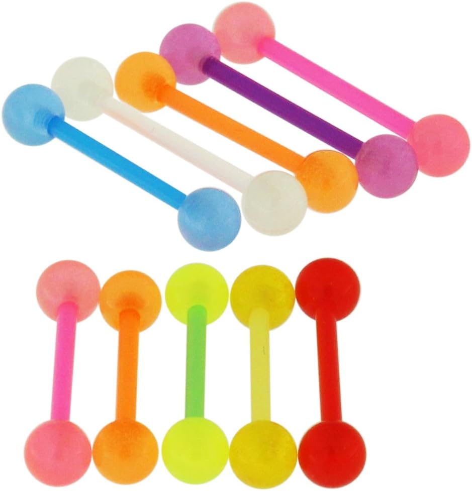 10 Pieces Pack of Fancy Glow in The Dark UV Ball with 14 Gauge Bioplast Flexible Straight Barbell Tongue Bar Piercing
