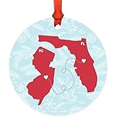 Andaz Press Round Keepsake Christmas Ornament Long Distance Gift, Florida and New Jersey, Winter Blue and Red, 1-Pack, Metal Moving Away Graduation University College Gifts for Him Her Relationships