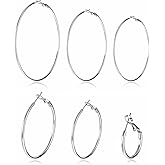 6 Pairs Silver Hoop Earrings, Stainless Steel Earrings Big Hoop Earring Lightweight Dangle Earring Set Big Silver Hoops for Women 20/30/40/50/60/70mm