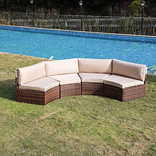 SUNSITT 4Piece Outdoor HalfMoon Sectional Wicker Sofa Set Patio Furniture, Brown PE Rattan and