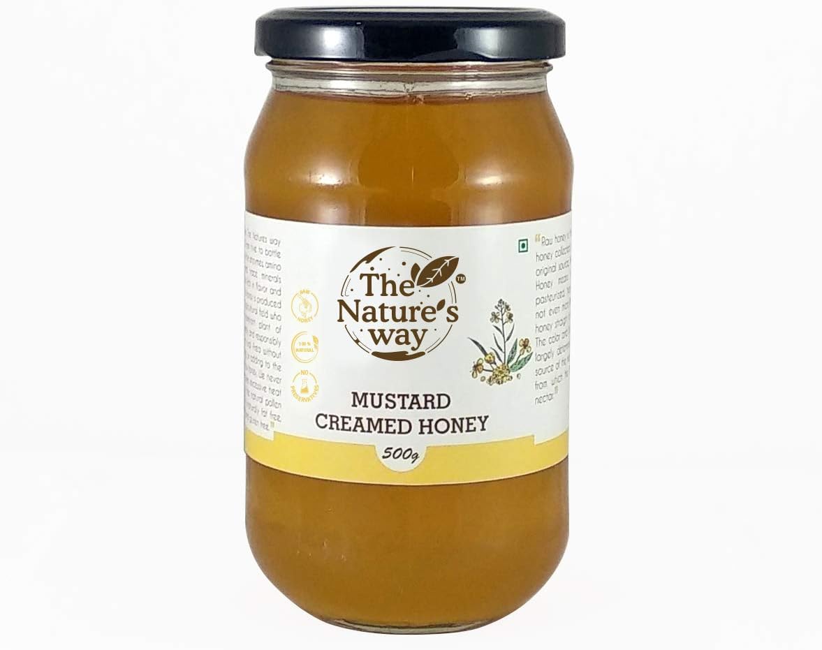 The Natures Way Unfiltered Unprocessed Mustard Creamed White Natural Raw Honey, 500 Gm (Glass Jar)