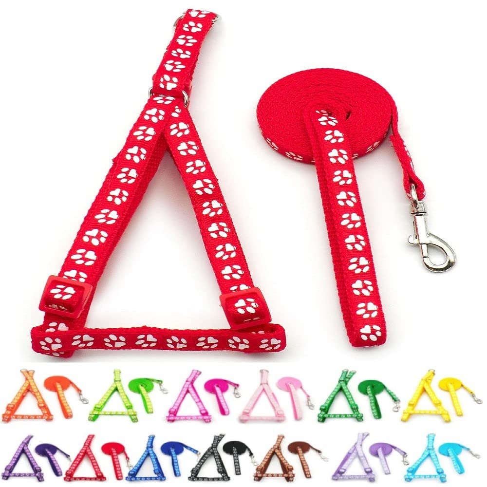 Small Dog Puppy Pet Cat Kitten Harness and Lead Set Pawprint Design Nylon Adjustable Chest Size 21-34cm and 120cm Leash Red