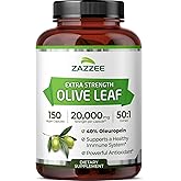 Zazzee Extra Strength Olive Leaf 50:1 Extract, 20,000 mg Strength, 40% Oleuropein, 150 Vegan Capsules, 5 Month Supply, Concentrated and Standardized 50X Extract, 100% Vegetarian, Non-GMO, All-Natural