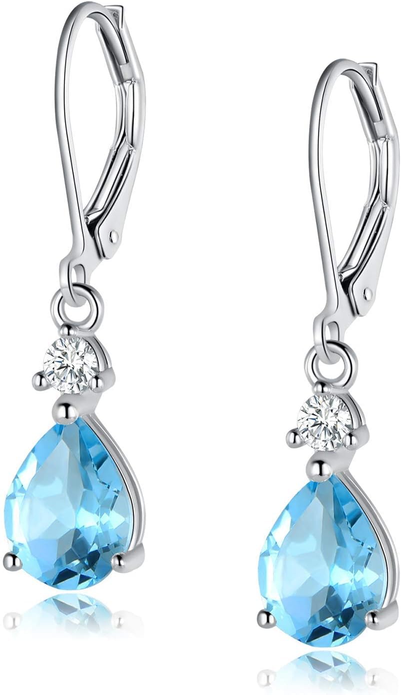 Sterling Silver Earrings Blue Topaz Teardrop Earring Drop Dangly Hypoallergenic jewellery for Women Ladies Girls