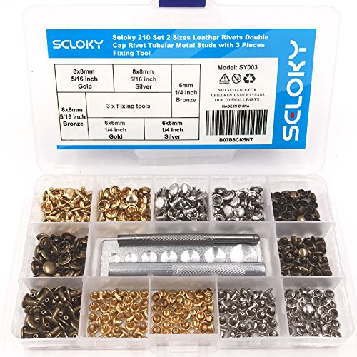 Seloky 210 Set 2 Sizes Leather Rivets Double Cap Rivet Tubular Metal Studs with 3 Fixing Tool Kit for Leather Craft Repairing Decoration,2 Sizes and 3 Colors (Gold, Silver and Bronze)