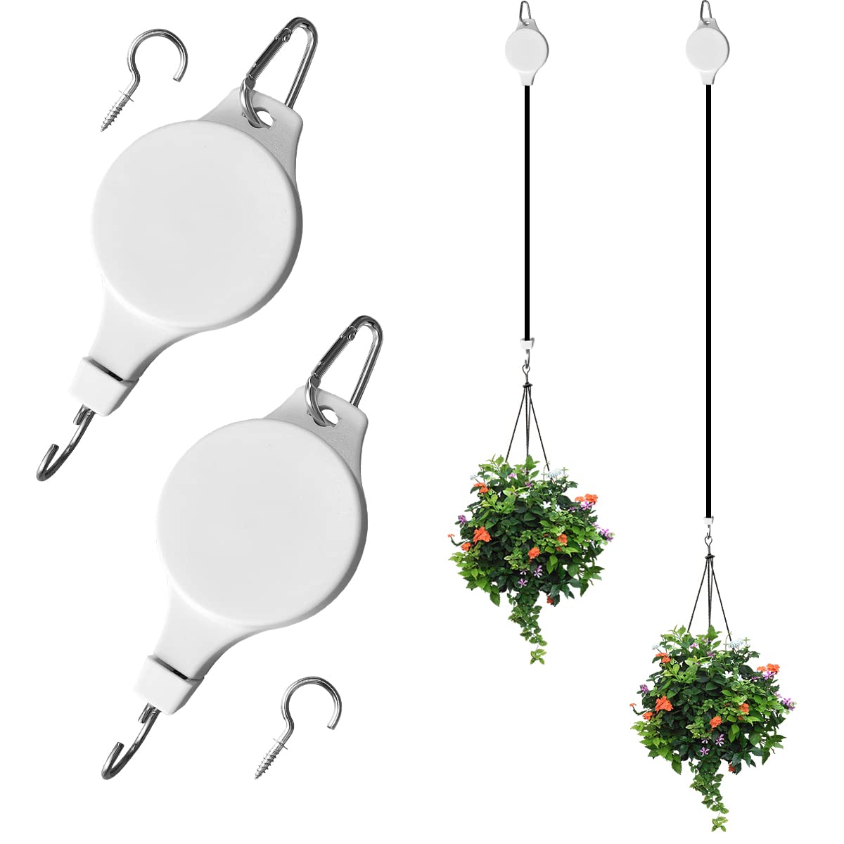 Photo 1 of EAEDMY 2 Pack Retractable Plant Pulley Adjustable Hanging Flower Basket Hooks for Hanging Plants Heavy Duty, Indoor Outdoor Plant Hanger for Garden Baskets Pots & Birds Feeder - White (2, Hook Type)