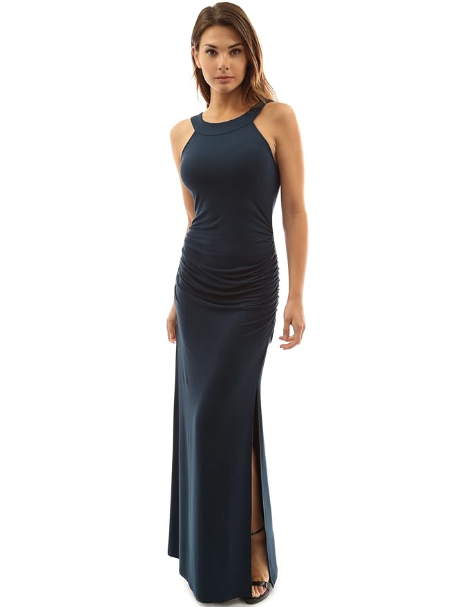 PattyBoutik Womenâs Crewneck Halter Side Slit Maxi Dress (Teal S)
