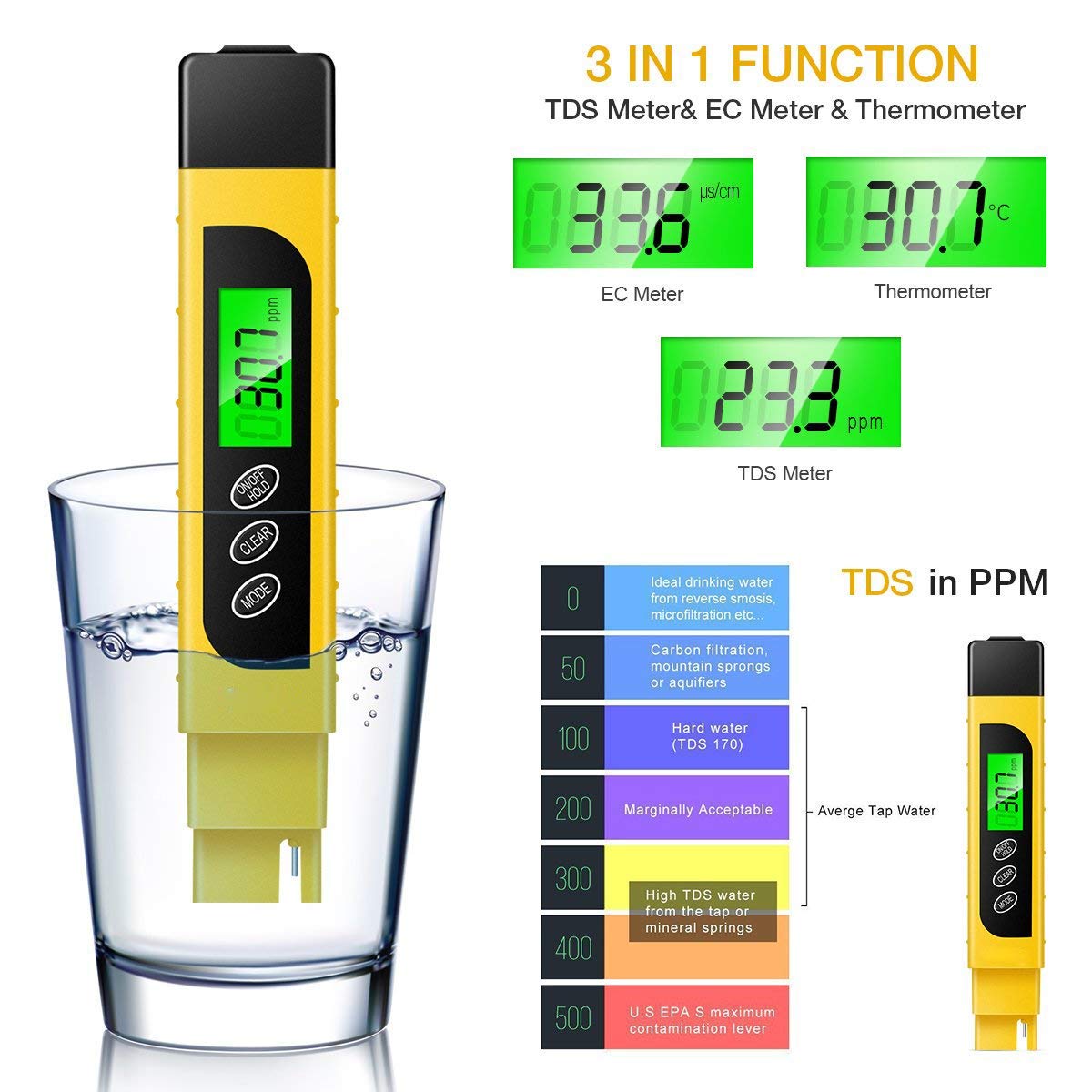 Swimming Pool TDS EC Temperature 3in1 with LCD Display for Drinking