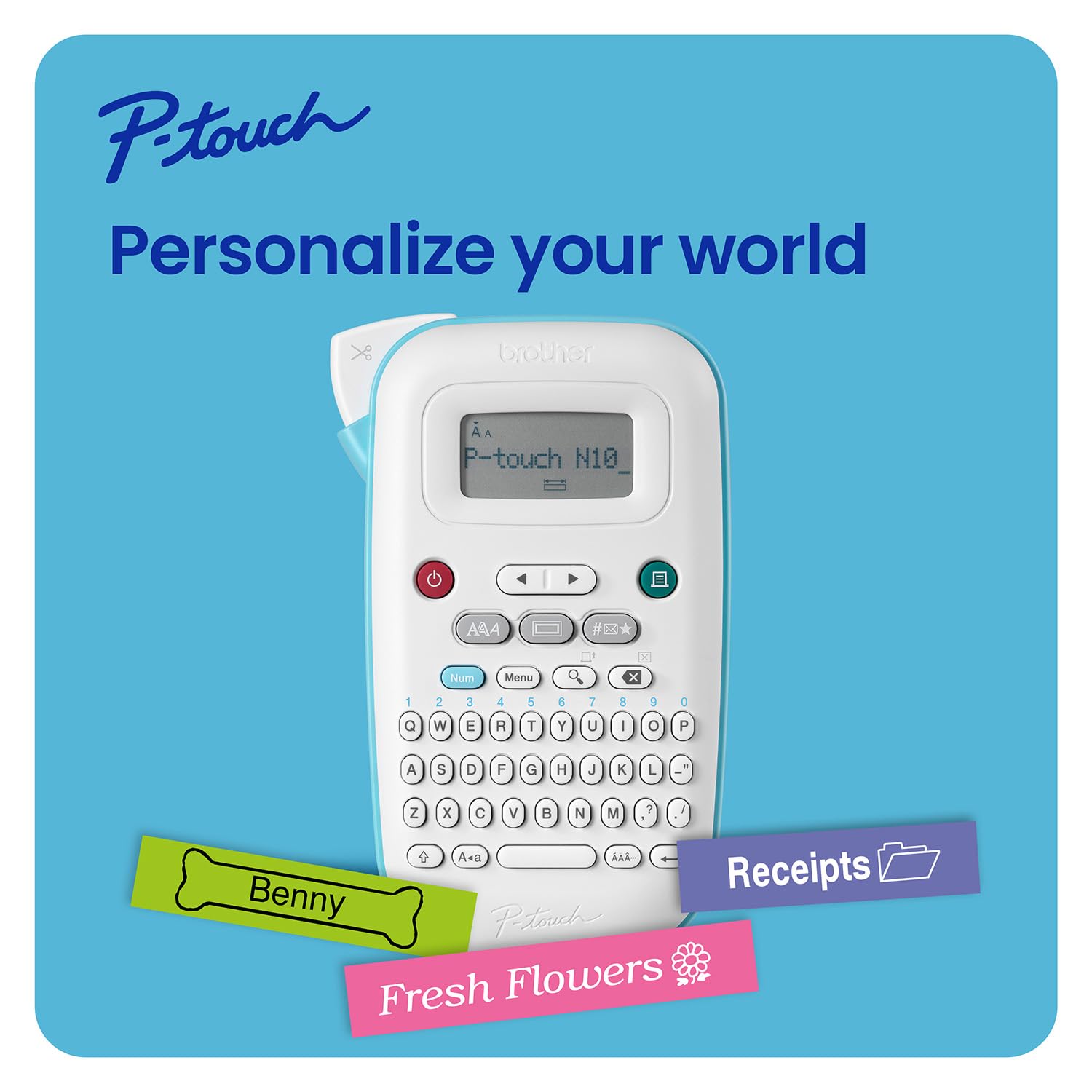 Brother P-Touch PT-N10 Personal Handheld Label Maker, Portable and Prints, P-Touch Btag ~½” (12mm) Wide Color Personalized Label Tapes,