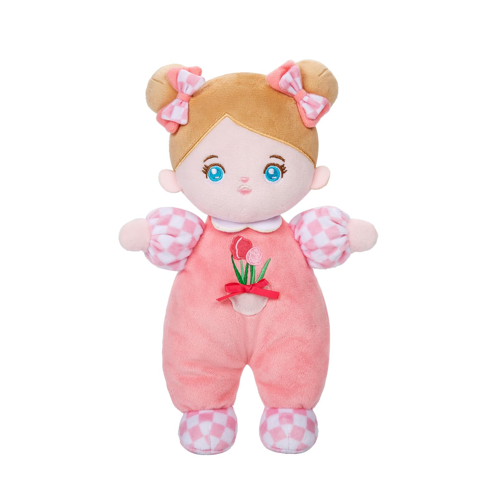 OUOZZZ Baby Doll - 25cm Blue Eyes Rag Doll for Girls,Toys for 1 2 3 Year Old Girls,My First Doll Rattle Soft Doll,Shower Present Baby Gift for Birth Girl — image 1