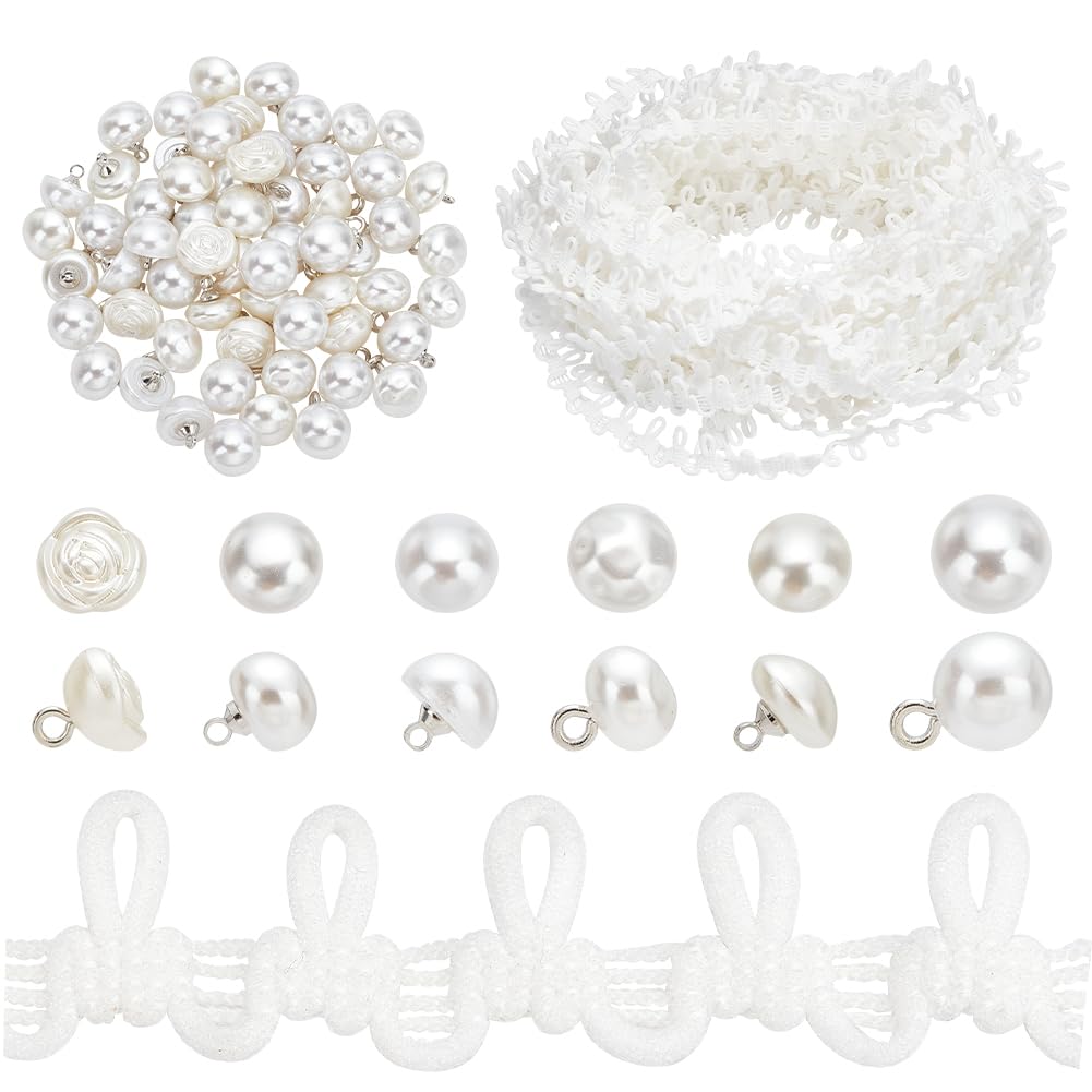 Photo 1 of PH PandaHall 20 Yards White Wedding Dress Button Loops Petite Braid Trim Tassel Fringe Lace Trim with 60pcs Pearl Buttons Sewing Dress Zipper Extender for Costume Crafts Sewing Wedding Bridal Dress