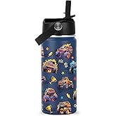 ROVOZAR Monster Truck Water Bottle - 16oz Monster Truck Stainless Steel Water Bottle with Straw - Funny Trucks Insulated Cup for Boys - Trucks Kids Tumbler for School, Sports, Travel