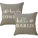 ULOVE LOVE YOURSELF Funny Couple Pillow Covers 18x18 Howdy Cowboy Hello Darlin’ Western Throw Pillowcases Rustic Farmhouse Decor Cushion Covers 2Pack for Cowboy Cowgirl Valentine Decorations (Grey)