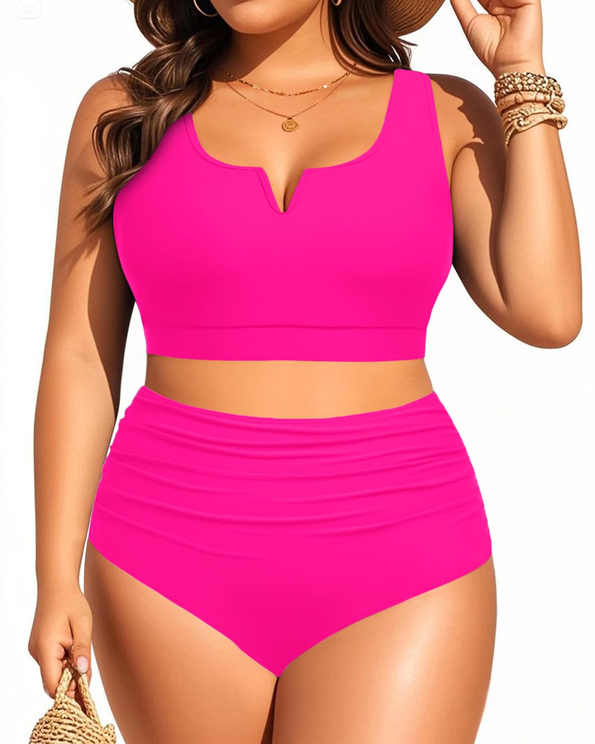 Photo 1 of Aqua Eve Women Plus Size High Waisted Bikini - Two Piece Swimsuit Tummy Control Bathing Suit V-Wired 2025 Swimwear Hot Pink 12W