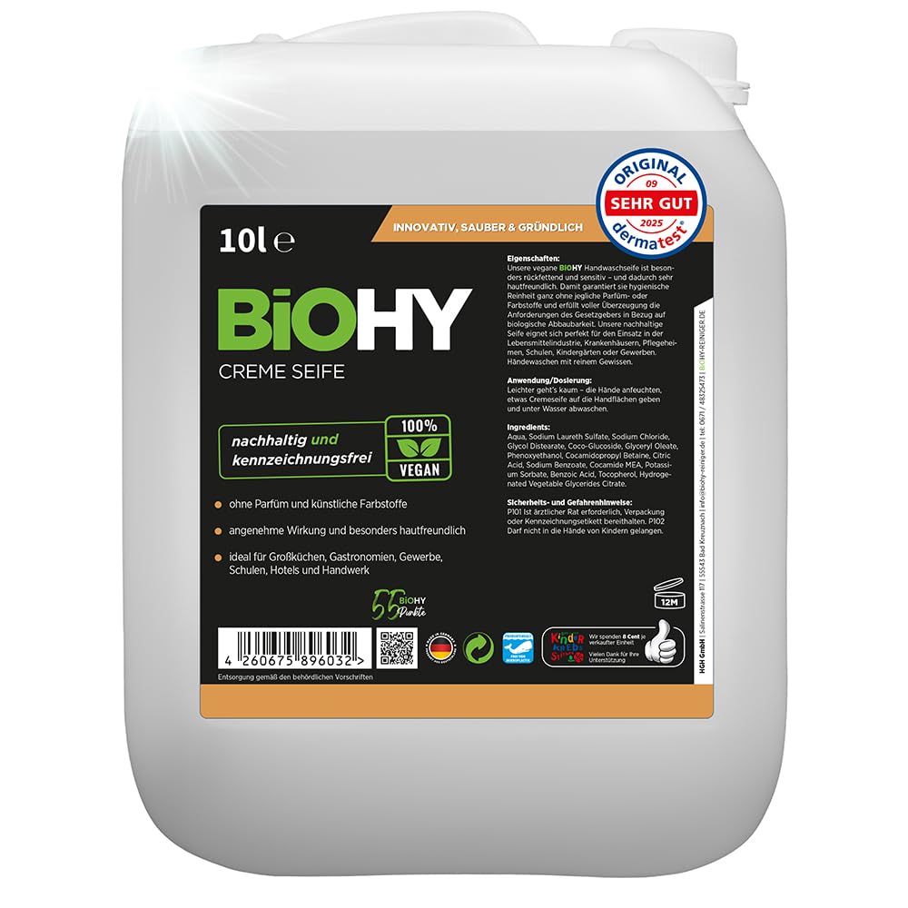 BiOHY Cream Soap (10l Canister) | Gentle, refatting and odourless hand soap refiller from the vegetable sector PHOSPHATE-FREE | Without perfume and colouring (Creme-Seife)