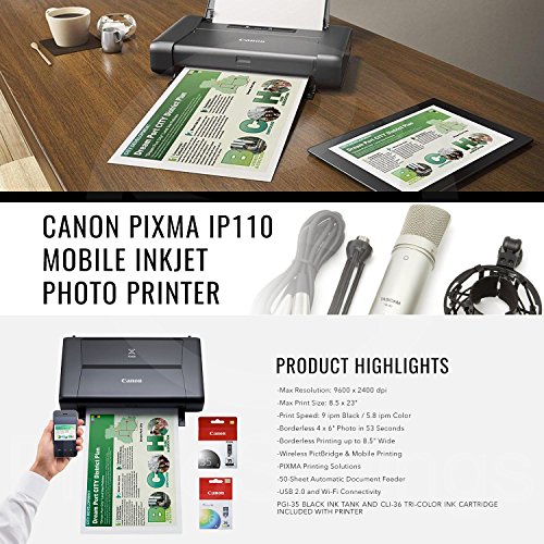 Canon PIXMA iP110 Wireless Mobile Inkjet Printer w/with Airprint(TM) and Cloud Compatible and Accessory Bundle with 3-Outlet + USB Cable + Fibertique Cloth