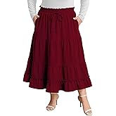 Plus Size Maxi Skirt for Women Fall High Waisted A-Line Flowy Tiered Casual Long Skirts with Pockets