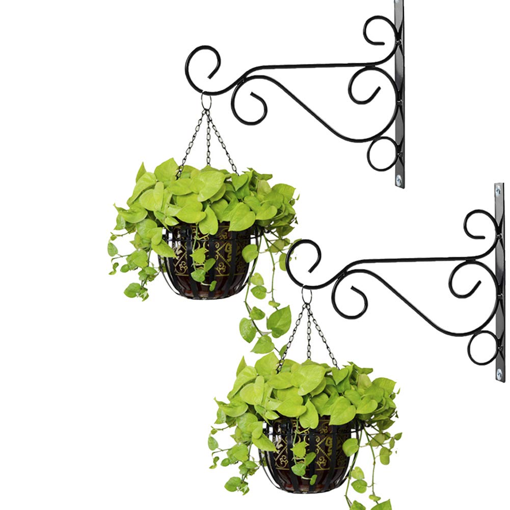 NUPTIO 2 Pcs Hanging Basket Brackets - Outdoor Black Metal Garden Hooks, 25cm Length Fence Hooks for Baskets, Bird Feeders Planters Lanterns Wind Chimes (Black)