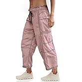 Fisoew Womens Wide Leg Cargo Pants Elastic Waist Water Resistant Contrast Stitch Loose Hiking Joggers with Pockets