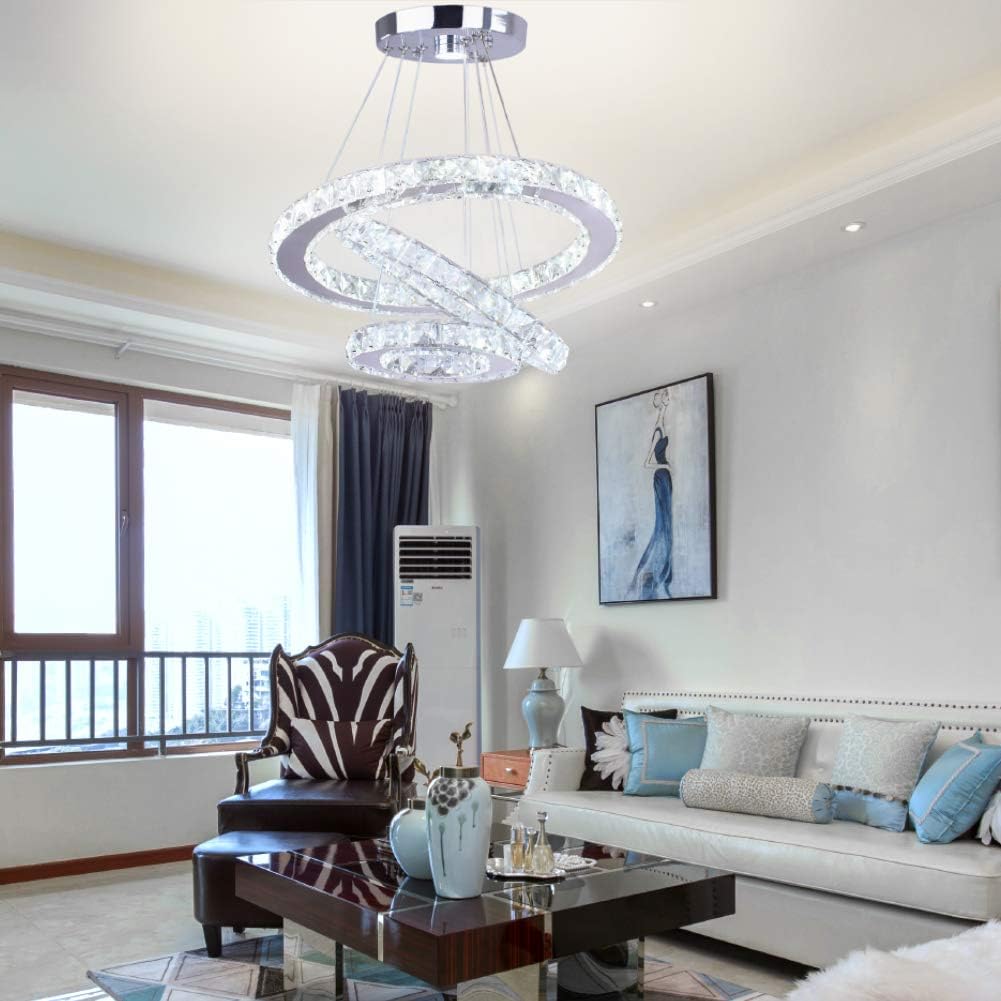 Dixun LED Modern Crystal Chandeliers 3 rings LED Ceiling Lighting Fixture Adjustable Stainless Steel Pendant Light for Bedroom Living Room Dining Room(White): Home & Kitchen